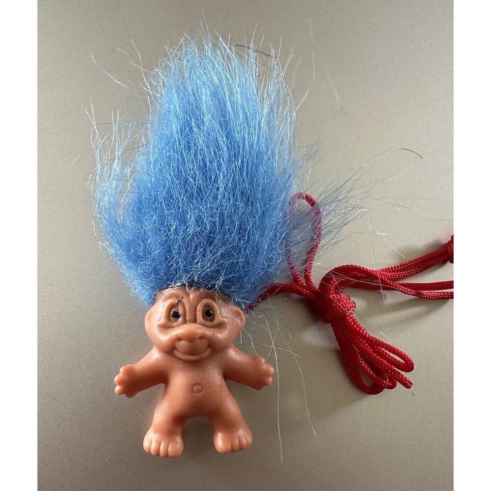 Vintage Troll Doll with Original Blue Hair Necklace Pencil Topper Made In Taiwan